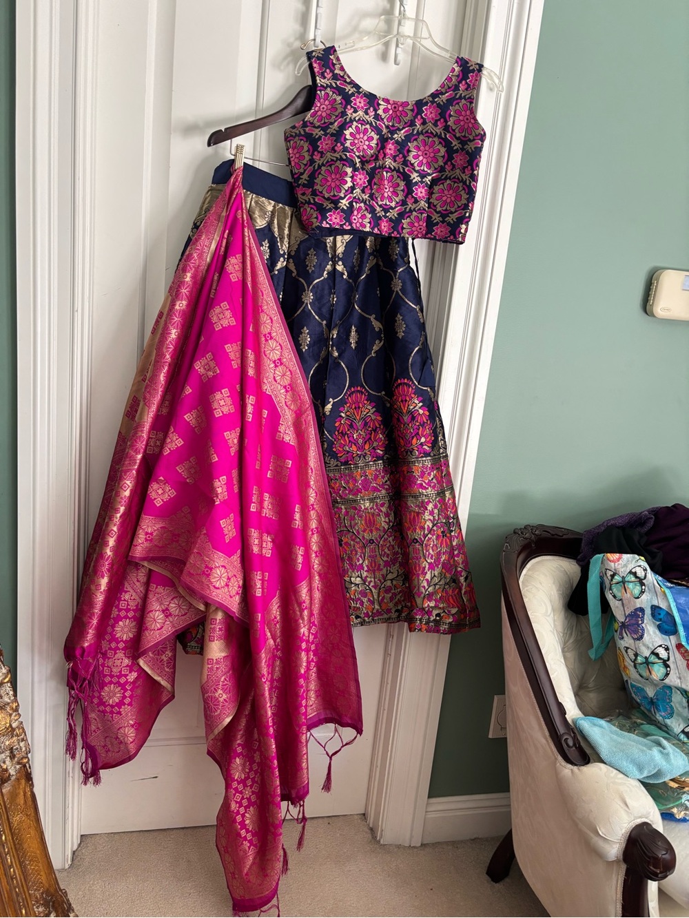 Floral Blue & Pink Lehenga Choli Dupetta  Dress Like New size Medium